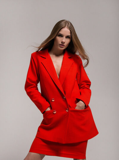 Scarlet Red Wool Flannel Skirt Suit