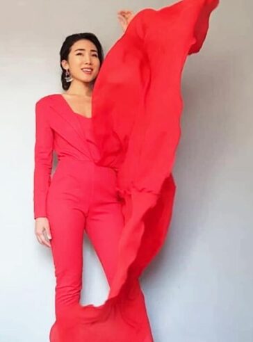 Red Asymmetric Wool/ Silk Chiffon Halfsuit